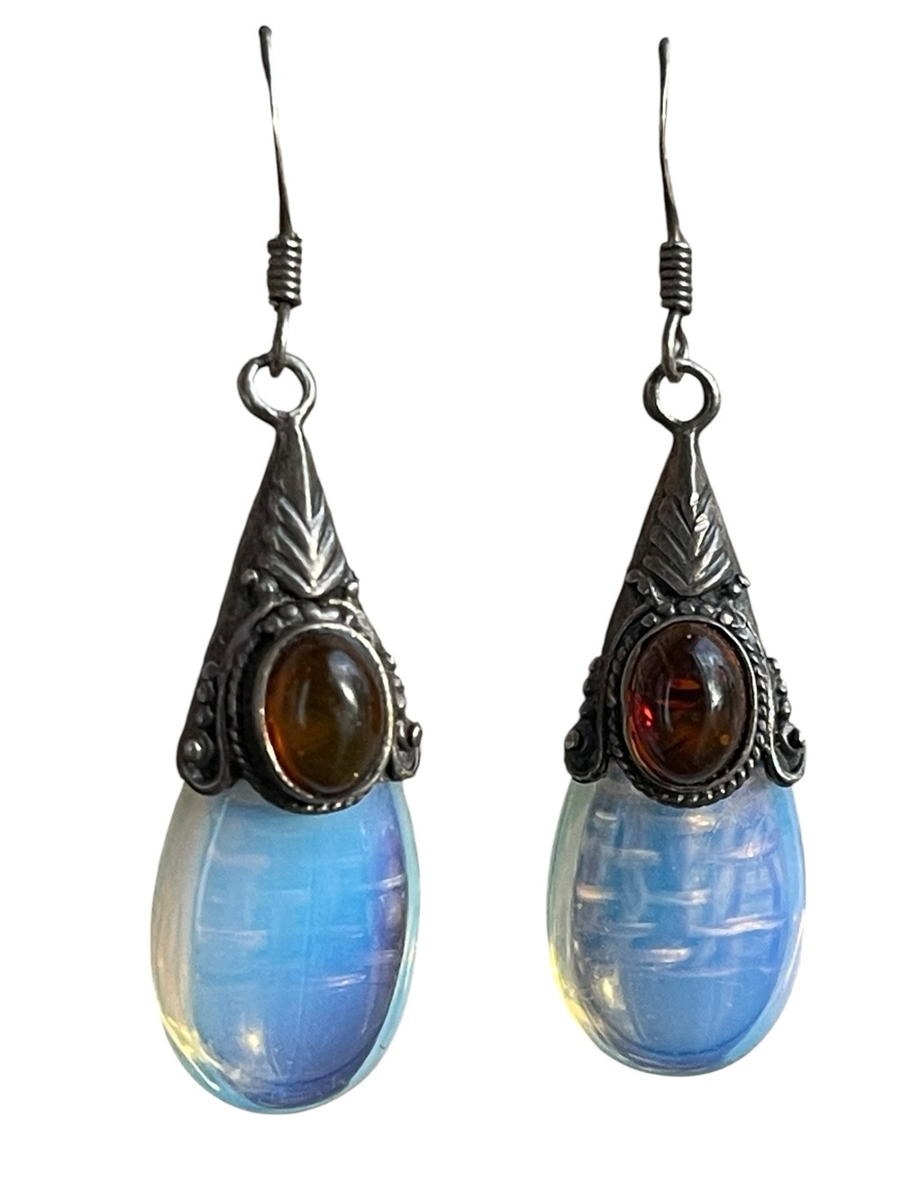Vintage Sterling Silver Opalite Teardrop & Amber Cabochon Drop Earrings